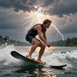 barefoot waterskier, 8 k, by tristan eaton, stanley artgermm, tom bagshaw, greg rutkowski, carne griffiths, trending on deviantart, hyper detailed, glorious lighting, dramatic lightning