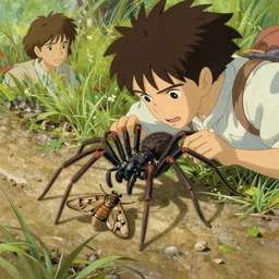 spider eating moth, natural lighting, path traced, highly detailed, high quality, digital painting, by don bluth and ross tran and studio ghibli and alphonse mucha, artgerm