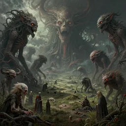 a highly detailed matte painting of lovecraftian cosmic horror farmlands scenery filled with eldritch creatures and beasts and cultists, by artgerm, by wlop, by greg rutkowski, volumetric lighting, octane render, 4 k resolution, trending on artstation, masterpiece