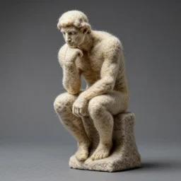 a needle felted sculpture of the thinker by rodin. he sits on a toy block with his head resting on one fist.