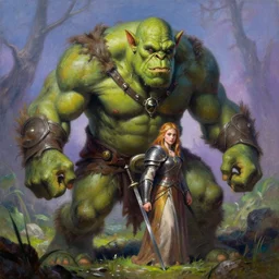 oil painting of a giant swamp orc grabbing a young warrior princess, d & d, boris vallejo, vibrant, high contrast