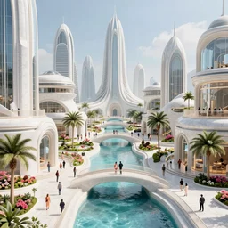 futuristic utopian metropolis in paradise, canals, bridges, white marble buildings, tropical, palm trees, blooms, crowds of people, by jaime jasso and leon tukker, zaha hadid, photography, cinematic lighting, octane render, artstation