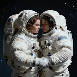 a woman in a spaceship in zero gravity cuddling her partner, who is another woman, esa style, ultra realistic