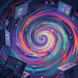 swirling vortexes of computer hardware vaporwave aesthetic, colorful, psychedelic, digital painting, artstation, concept art, smooth, sharp focus, illustration, art by artgerm and greg rutkowski and alphonse mucha