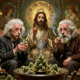 jesus christ, albert einstein and darwin are smoking weed, drunk, in the afterlife, wholesome, octane render, hyperdetailed, beautiful, art, by greg rutkowski, mars ravelo, wlop, alphonse mucha, in the style of artstation