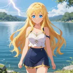 a very beautiful anime cute girl, full body, long wavy blond hair, sky blue eyes, full round face, short smile, fancy top, miniskirt, front view, summer lake setting, cinematic lightning, medium shot, mid-shot, highly detailed, trending on Artstation, Unreal Engine 4k, cinematic wallpaper by Stanley Artgerm Lau, WLOP, Rossdraws, and Sakimichan