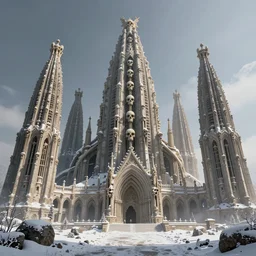 matte painting of mos eisley in the snow with towering skeletal temple architecture designed by hr giger, uninhabited, global illumination, cinematic, volumetric lighting, tom bagshaw, alphonse mucha, light leaks 4 k premiere pro
