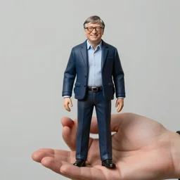 an action figure of bill gates held by a big hand, hyper realistic photo, highly detailed, sharp focus, depth of field