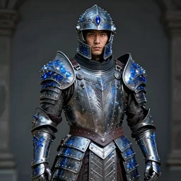 portrait photograph of a real-life warrior with sapphire encrusted armour.  Extremely detailed. 8k