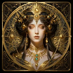 concept art, Gwynever, The Princess of Sunlight, beautiful, frank frazetta, ornate, art nouveau, horizontally symmetrical, gold jewelry, high quality, high contrast, unbiased render, Emil melmoth, eerie, haunting, 8k, octane render, head and shoulders