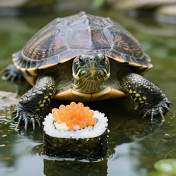 a photo of a wild turtle in a pond looking at a yummy sushi roll