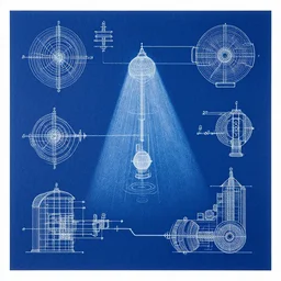 blue paper, full page schematic of mid - century 2 0 3 0 s detailed concept art of a light in the dark,