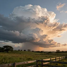 photorealistic cumulonimbus storm clouds loom over a grassy, hilly expanse sparse with trees at sunset, wooden fence in the foreground, very detailed