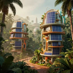 solar punk futuristic greenhouse apartments in a tropical forest setting. vivid colors mixes with dusty moody lighting. architectural concepts inspired by dune 2 0 4 9, 8 k, photorealism, hdr