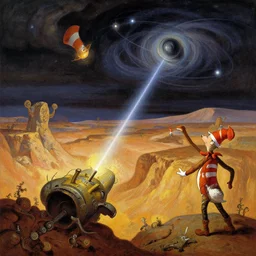 mesozoic cosmic upheaval turmoil landscape in the style of dr. seuss, orbital laser bombardment, painting by albert bierstadt