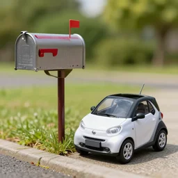a ((tiny)) car next to a mailbox