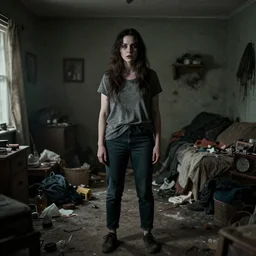 woman with adhd - ip stands in her messy house. folk horror