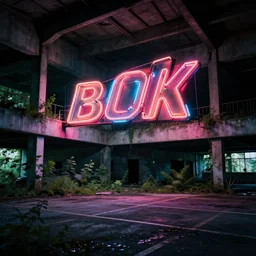 a farm inside an abandoned car parking building, concrete, overgrown plants, giant neon sign, photo by greg girard, dark, cinematic, volumetric light