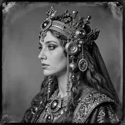daguerreotype hyperrealistic detailed face side portrait of the beautiful cthulhu priestess adorned with curse jewels and ceremonial robes, tintype art by ernst haeckel, john william godward, android jones, alphonso mucha, h. r. giger, gothic - cyberpunk, ornamental, black and white, ambrotype