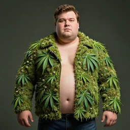 fat man wearing jacket made from marijuana