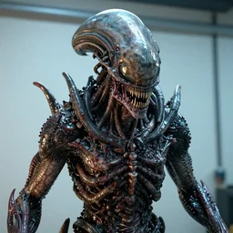 photo taken of an epic intricate, ultra detailed, super realistic gritty, wet, slimy, lifelike sculpture of a nightmarish hellish alien ghoulish creature created by weta workshop, zoomed in shots, photorealistic, sharp focus, white wall coloured workshop, cold blueish colour temperture, f 0. 4, face centred, golden ratio, golden hour