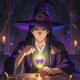 a mystical man with a goblet on the table, wizard hat, psychedelic, Korean animation