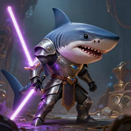 anthropomorphic shark, knight armor, lightsaber, thresher shark head, fantasy, digital painting, dramatic lighting, vibrant setting, realistic shading, unreal engine 5, concept art, ultra detailed, intricate environment