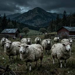horror artwork, a farm in the mountain, zombie sheep, at night, by michael whelan, dirty