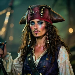 a Swashbuckling pirate female with iridescent skin, bokeh, 8k