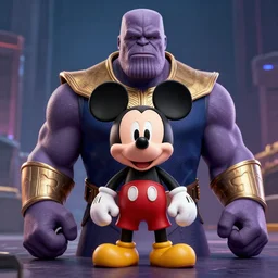 Mickey Mouse cast as Thanos, still from Marvel movie, hyperrealistic, 8k, Octane Render,