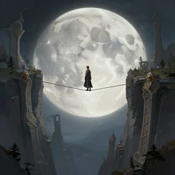 photography alexey gurylev, on a tightrope over the abyss, serene, lunar, deep focus, d & d, fantasy, complex, elegant, highly detailed, digital painting, artstation, concept art, matte, clear focus, illustration, hearthstone, artgerm art, greg rutkovsky and alphonse mucha