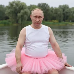( ( green putin wearing a pink tutu ) ), on a boat on a lake