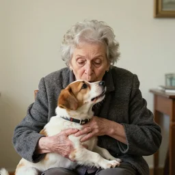 an absurdist image of an old woman swallowing a dog