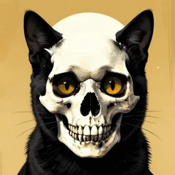 portrait of black cat wearing a human skull grafic novel