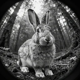 fish eye footage of a skinwalker rabbit with human face in the forest, black and white