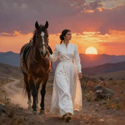 Woman in a long white traditional dress walking with a horse along a scenic western trail, sunset, beautifully lit, albert aublet, oil on canvas