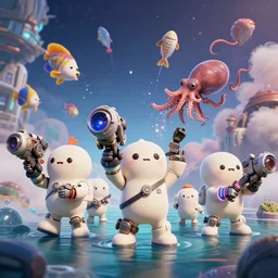 scifi scene, universe landscape, five cute monsters, hold mechanical weapons, wearing brand of off white style, catching colorful fishes + sepia + octopus, with depth of field, octane render, neon hand sports bracelet, standing on the water ground, with splatoon + ratchet & clank : rift apart style, smoke war, comic paint, anorld render, unreal engine render, vfx, octane render, highly quality, artstation, 4 k,