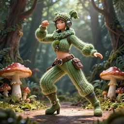 knit female earth mage, high quality character design, action pose : : spotlight, magicpunk, biopunk, forestpunk, forest, mushrooms, high detail, 8 k, oled, shadows, reflections, digital art, official art, octane render, dynamic camera angle, dollpunk