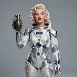 marilyn monroe in a cybernetic spacesuit, cigarette dangling, grenade in hand, by pascal blanche, ultradetailed, 8 k