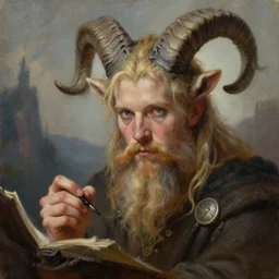 a high detail fantasy portrait oil painting illustration of a young blond bearded man with goat horns, he is painting a death metal album cover by justin sweet with face and body clearly visible, in a scenic background, pupils visible, realistic proportions, d & d, rpg, forgotten realms, artstation trending, high quality, sombre mood, artstation trending, muted colours, entire person visible!, natural light,