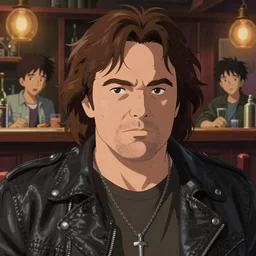artwork by michael whelan, close up portrait of jack black biker, bar in background, in scene in twin peaks, full of details, by makoto shinkai and thomas kinkade, matte painting, trending on artstation and unreal engine