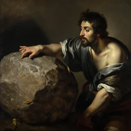 person debating with a rock, oil painting, high quality, by caravaggio