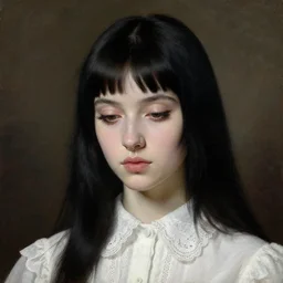 oil portrait of a beautiful pale - skinned girl in a white lace collar shirt, with long black hair and short bangs, the corners of the brown eyes with very long eyelashes are turned down, small nose with piercing ring,, plump lips by francisco goya