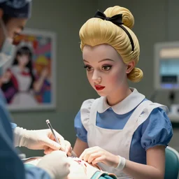 beautiful hyperrealism three point perspective film still of  medical queen brain surgery scene in Alice in Wonderland(1950) extreme closeup portrait in style of 1990s frontiers in translucent porclein miniature street photography seinen manga fashion edition, miniature porcelain model, focus on face, eye contact, tilt shift style scene background, soft lighting, Kodak Portra 400, cinematic style, telephoto