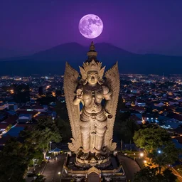 aerial view of a purple supermoon over garuda wisnu kencana statue at night