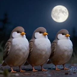 a row of fat bearded reedlings, 3 d model, midnight, moonlight, full moon, highly detailed, intricate, hyper realistic