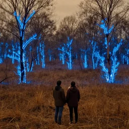 a couple is looking back to dried our area where the trees are burning blue fire trending on artstation infinite image