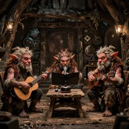 a highly realistic fantasy movie still of 3 goblins playing music in a dimly lit cottage, panavision panaflex millennium xl, kodak vision 5 0 0 t