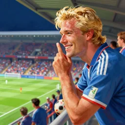 a blonde man inspecting a soccer game from the stands. happy, colorful Epic portrait by james gurney and mœbius.