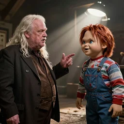 george rr martin in a cartoon strip talking to a screaming chucky doll